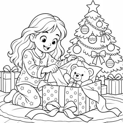 Mädchen im Schlafanzug packt ein Geschenk aus, neben ihr ein Teddybär und ein geschmückter Weihnachtsbaum