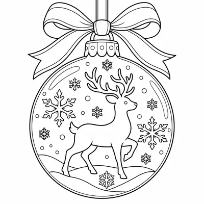 Große gläserne Weihnachtskugel mit Rentier und Schneeflocken im Inneren, aufgehängt an einer Schleife