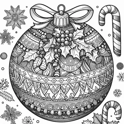 Bola de Navidad muy decorada, atada con un lazo y adornada con acebo, rodeada de bastones de caramelo y copos de nieve