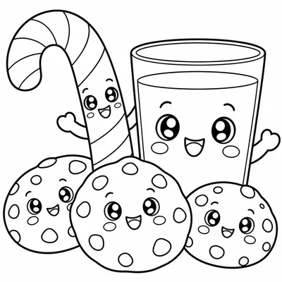 Kawaii-zuurstok, glas melk en drie chocoladekoekjes met lachende gezichtjes om in te kleuren