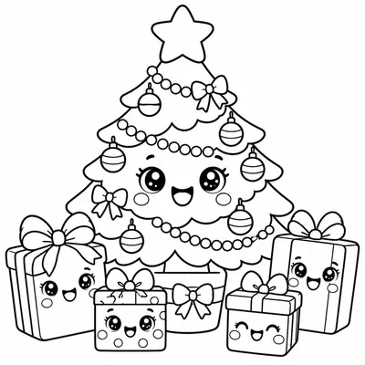 Kawaii-kerstboom met een lachend gezicht, omringd door vier lachende cadeaus, om te kleuren