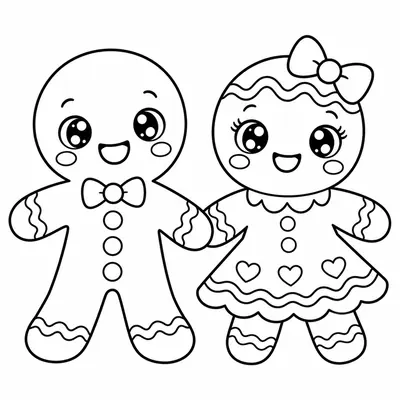 Kawaii-peperkoekmannetje en peperkoekmeisje met een strik die elkaar bij de hand houden
