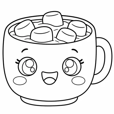 Kawaii-mok warme chocolademelk met marshmallows en een lachend gezicht om te kleuren