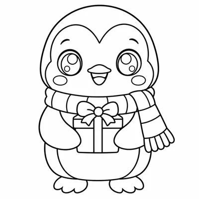 Kawaii-pinguïn met een gestreepte sjaal die een ingepakt cadeau met strik vasthoudt, om te kleuren