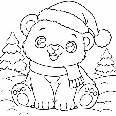 Kawaii-ijsbeerwelp met kerstmuts en sjaal die in de sneeuw zit tussen dennenbomen