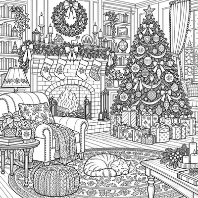 Wohnzimmer zum Ausmalen mit Kamin, fünf Strümpfen, Sessel, geschmücktem Baum, Geschenken und einer schlafenden Katze