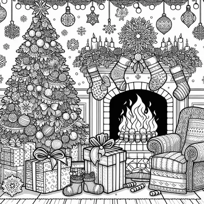 Malvorlage: Wohnzimmer mit geschmücktem Tannenbaum, Kamin mit Strümpfen und Kerzen, gemusterter Sessel, Geschenke, Hausschuhe