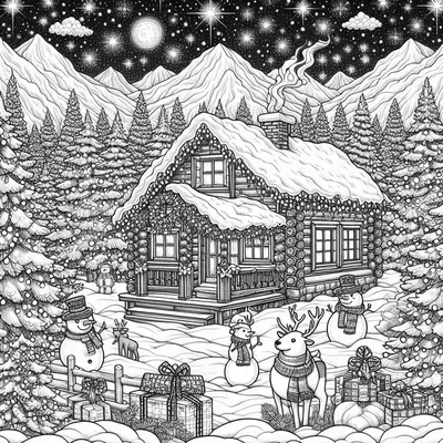 Ausmalbild einer verschneiten Blockhütte bei Nacht mit Schneemännern, einem Rentier mit Schal, Tannen und Geschenken