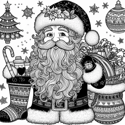 Malvorlage: Weihnachtsmann mit langem Bart, Weihnachtsstrumpf, Tannenbaum, geschmückter Kugel und Geschenksack