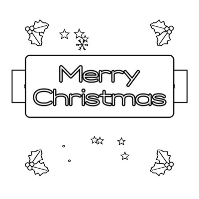 “Merry Christmas” on a banner with holly leaves and berries in each corner, stars and snowflakes