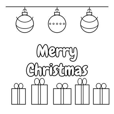 “Merry Christmas” in rounded letters between three hanging ornaments and a row of wrapped presents