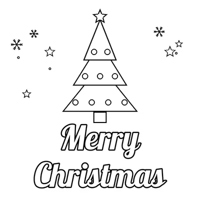 “Merry Christmas” in script letters under a Christmas tree with round ornaments and a star on top