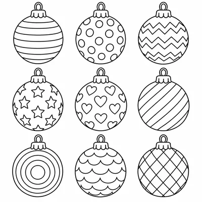 Neun Weihnachtskugeln im Raster, jede mit eigenem Muster: Streifen, Punkte, Sterne, Herzen, Zickzack