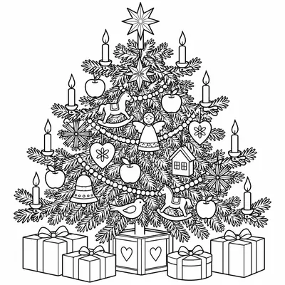 Altmodischer Weihnachtsbaum mit Kerzen, Äpfeln, Holzschmuck und Geschenken darunter
