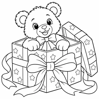 Offene Geschenkschachtel mit einem Teddybär darin und einem Band darum