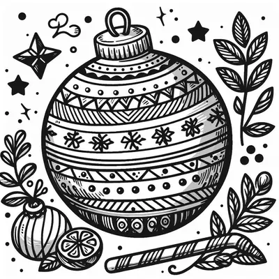 Dibujo para colorear de una bola de Navidad grande con bandas de copos y triángulos, hojas, bolita y bastón de caramelo