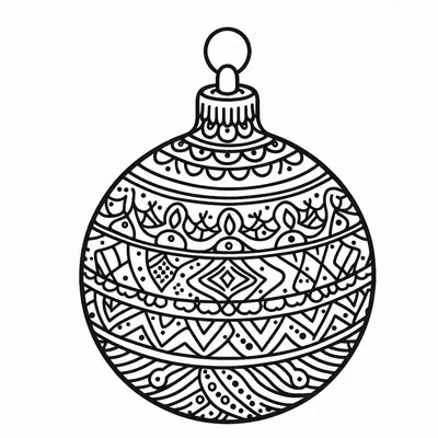 Ausmalbild: Weihnachtskugel mit Bändern aus Zickzack, Rauten, Girlanden und Wellenlinien, oben ein Ring