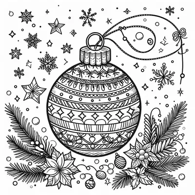 Ausmalbild: Weihnachtskugel mit Borten und Schleife, Tannenzweige, Poinsettien, Sterne, Schneeflocken und kleine Kugeln unten
