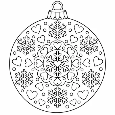 Weihnachtskugel mit kreisförmigem Muster aus Schneeflocken, Herzen und kleinen Kreisen um eine Rosette; zum Ausmalen