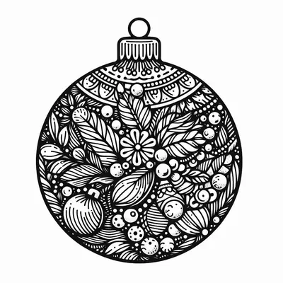 Ausmalbild: Weihnachtskugel, gefüllt mit Blättern, Beeren, einer Blume und kleinen Kugeln in sehr dichtem Muster