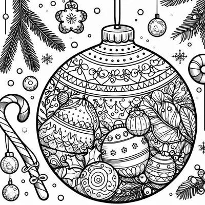 Ausmalbild einer dicken Weihnachtskugel, gefüllt mit kleinen Kugeln, Blättern und Stechpalme, rundherum eine Zuckerstange