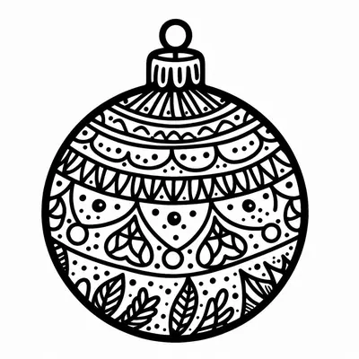 Weihnachtskugel mit dicken Linien, verziert mit Girlandenbögen, Herzen, Punkten und Blättern zum Ausmalen