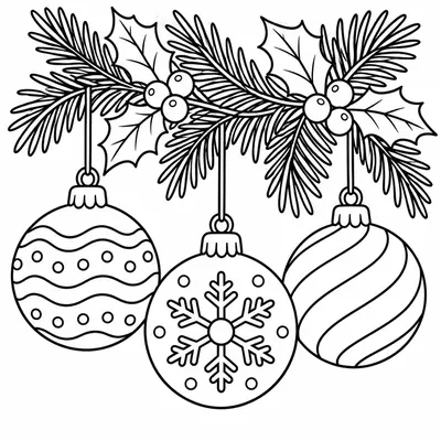 Drei Weihnachtskugeln an einem Tannenzweig mit Stechpalme, mit Wellen, Schneeflocke und Spiralen; Ausmalbild