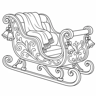 Ornate vintage sleigh with curled runners, bells and a blanket on the seat