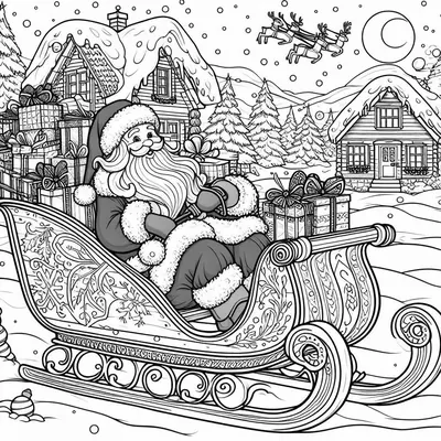 Printable page with Santa in a carved sleigh, stacked presents, snowy houses and reindeer