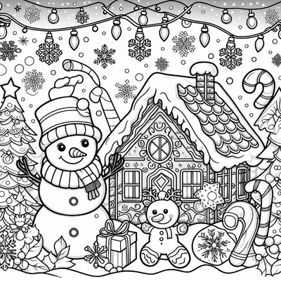 Malvorlage: Schneemann mit Mütze, Lebkuchenhaus, kleine Figur mit Geweih, Zuckerstangen und Girlande