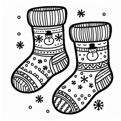 Printable pair of wool stockings with stripes, dots and snowflakes, each topped with a small snowman