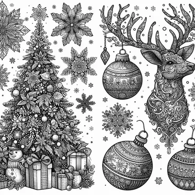Ausmalbild in zwei Teilen: links Tannenbaum mit Geschenken und kleinem Schneemann, rechts ein Rentierkopf und Kugeln