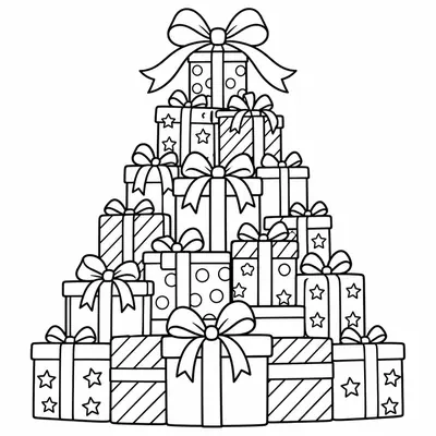 Geschenkpakete zu einem Tannenbaum gestapelt: Schleifen, Streifen, Sterne, Punkte, oben eine große Schleife; Ausmalbild