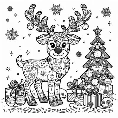 Malvorlage mit einem Rentier, dessen Geweih mit Mustern und Kugeln verziert ist, vor Tannenbaum, Geschenken und Schneeflocken