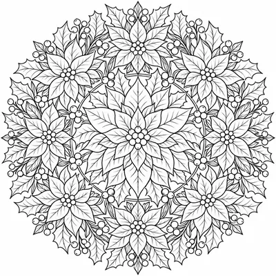 Ronde kerstmandala gevuld met kerststerren, hulstbladeren en bessen, om te kleuren