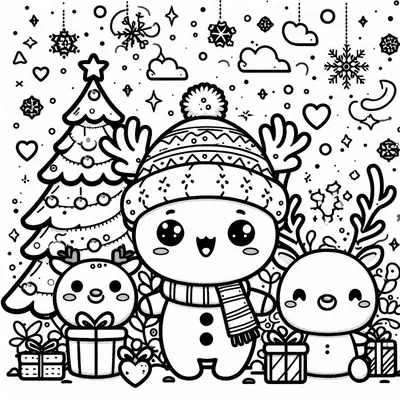 Kleurplaat: rond figuurtje met muts en rendiergewei tussen twee kleine rendieren, voor een kerstboom, met cadeaus en hartjes