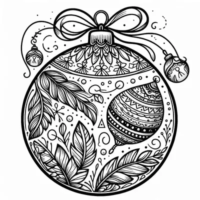 Ausmalbild einer großen runden Weihnachtskugel mit Schleife oben, einer kleinen hängenden Kugel und Blattwerk im Inneren