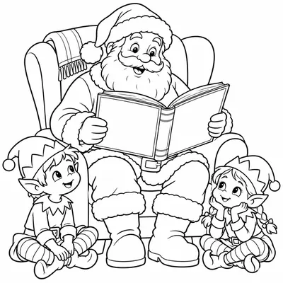 Weihnachtsmann liest im Sessel aus einem großen Buch vor, zwei kleine Wichtel sitzen zu seinen Füßen