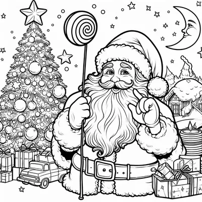 Ausmalbild: Weihnachtsmann neben großem geschmücktem Tannenbaum, riesiger Lutscher in der Hand, Geschenke, Lastwagen, Mond