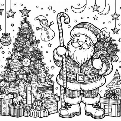 Weihnachtsmann mit großer Zuckerstange, dazu ein geschmückter Tannenbaum, Strümpfe, Geschenke und ein Schneemann; Ausmalbild