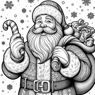 Weihnachtsmann mit Zuckerstange, einem Sack voller Geschenke auf der Schulter, Gürtel und Schneeflocken; Ausmalbild
