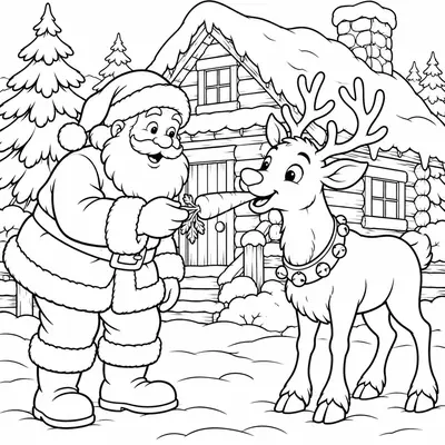 Ausmalbild: Weihnachtsmann füttert ein Rentier vor einer verschneiten Blockhütte