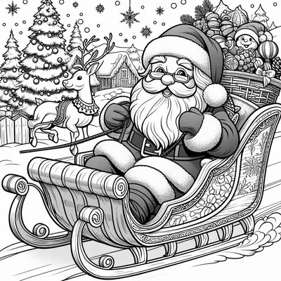 Printable Santa with glasses in a sleigh, with a harnessed reindeer, a decorated tree and a pack full of toys