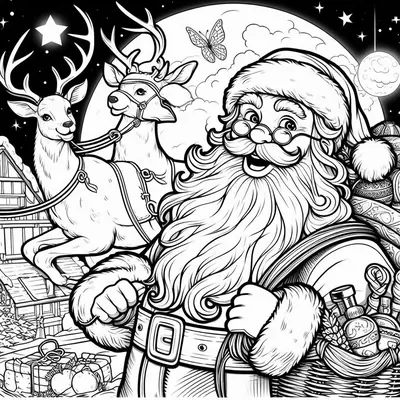 Ausmalbild: Weihnachtsmann mit Brille, Spielzeugsack auf der Schulter, zwei angeschirrte Rentiere, großer Mond dahinter