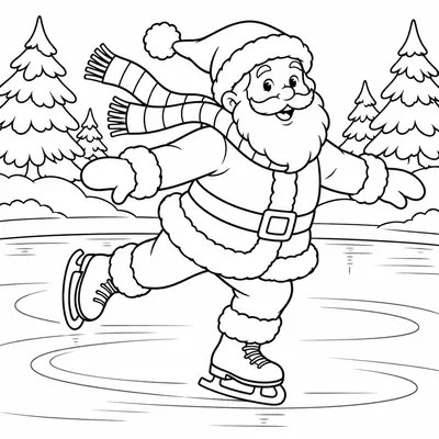 Weihnachtsmann läuft auf einem zugefrorenen Teich Schlittschuh, sein Schal weht, dahinter Tannen