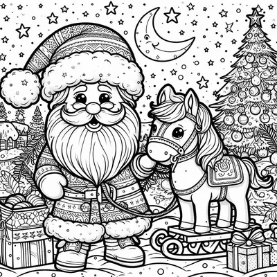 Zum Ausmalen: Weihnachtsmann lenkt ein Pony vor einem kleinen Schlitten, unter dem Mond, nahe Tannenbaum und Geschenken