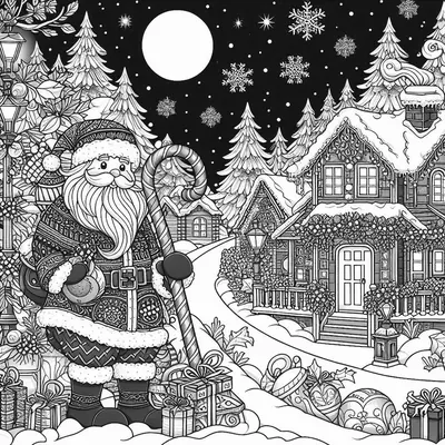 Ausmalbild: Weihnachtsmann mit langem Bart und Zuckerstange in verschneitem Dorf bei Nacht, mit Häusern, Tannen, Geschenken