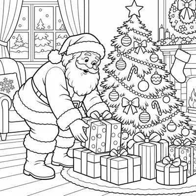 Weihnachtsmann legt im Wohnzimmer verpackte Geschenke unter einen geschmückten Weihnachtsbaum