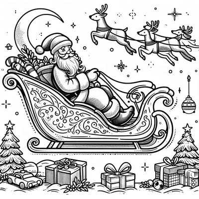 Scheda da colorare con Babbo Natale sdraiato in una slitta a volute, tre renne in volo, la luna e regali