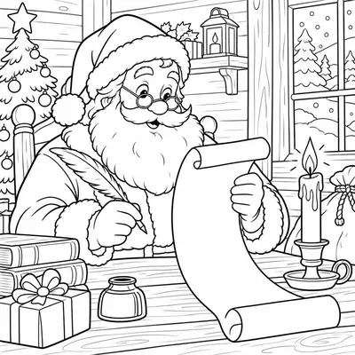 Weihnachtsmann mit runder Brille schreibt bei Kerzenlicht mit einer Feder auf eine lange Schriftrolle